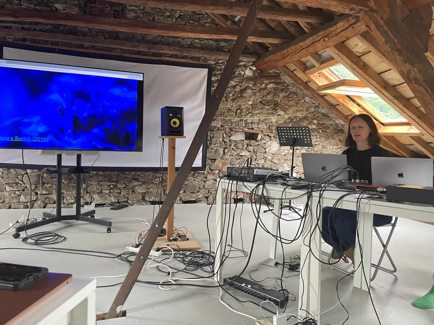 Caroline seated in the loft of CAMP, presenting insights from her practice.